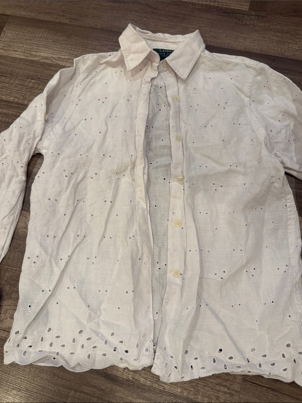 Lauren Ralph Lauren White Eyelet 100% Linen Button-Down Shirt